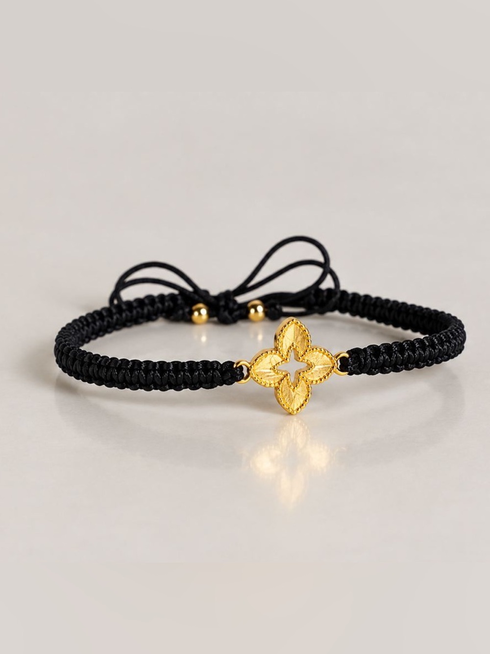 Gold Clover Charm Braided Black Bracelet